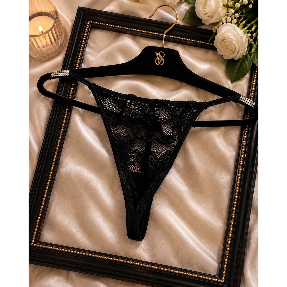 Victorias Secret Very Sexy Black Lace Rhinestone Shine Strap Thong Panty Small